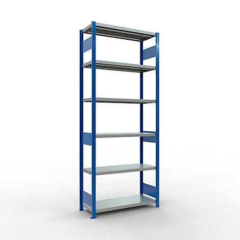 Een vrijstaand rek met zes grijze planken en blauwe frames staat tegen een witte achtergrond.