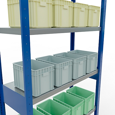 Verschillende dozen in verschillende kleuren en maten op een blauw rekjessysteem tegen een witte achtergrond.