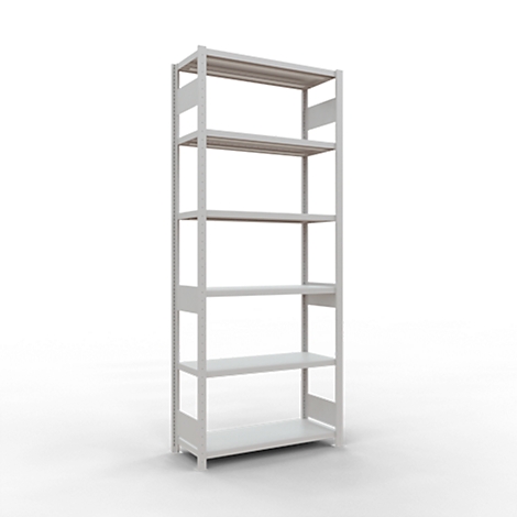 Witte, vrijstaande metalen stellingkast met zes planken, geïsoleerd op een witte achtergrond.