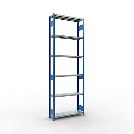 Een hoge, smalle plank met blauw frame en grijze planken. Op een witte achtergrond.