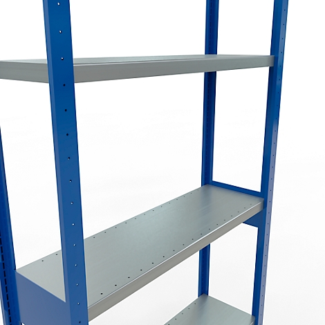 Gedetailleerde close-up van een blauw schap met zilveren planken.