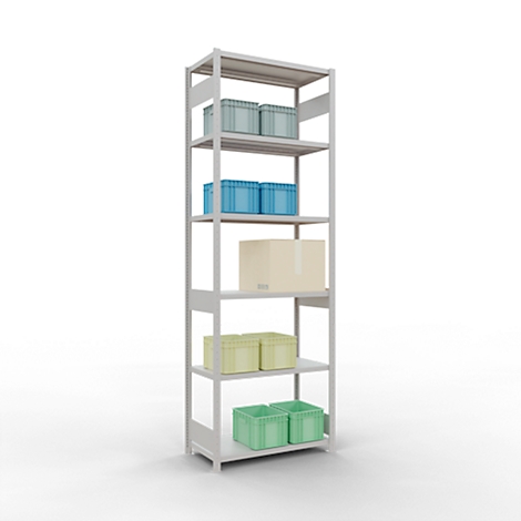 Grijs opslagrek met dozen in groen, blauw en beige, op een witte achtergrond.