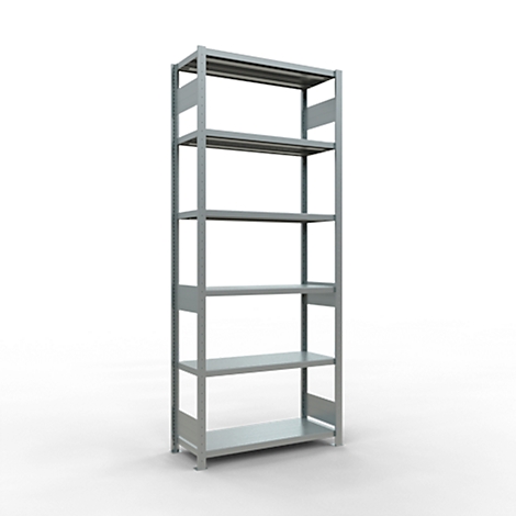 Grijs metalen rek met zes planken, vrijstaand op een witte achtergrond.