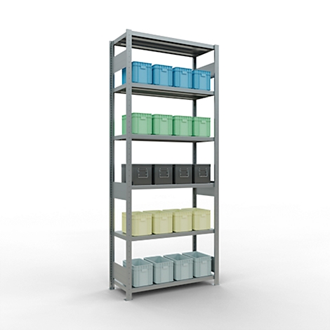 Grijs metalen rek met meerdere planken. Op elke plank staan dozen in verschillende kleuren: blauw, groen, grijs, geel en lichtblauw.