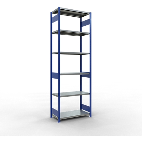 Hoog, blauw en grijs rek. Metalen frame, 5 grijze planken. Tegen een witte achtergrond.
