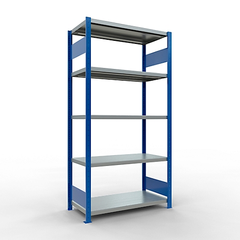 Stellingkast met vier grijze planken, omkaderd door blauwe metalen steunen.