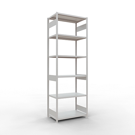 Hoge, witte plank met vijf planken, tegen een witte achtergrond.