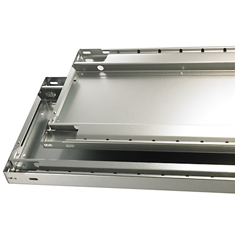 Verschillende metalen planken met rijen gaten, in elkaar gestoken. De randen zijn gevouwen.