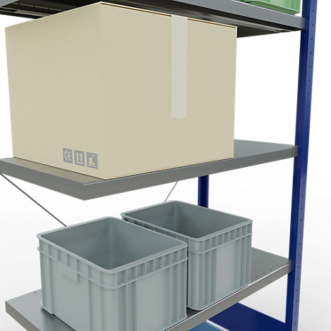 Een plank met grijze metalen planken met een grote kartonnen doos en twee grijze plastic dozen. Blauw frame.
