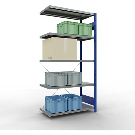 Een grijs metalen rek, gevuld met blauwe, groene en grijze dozen en een beige kartonnen doos, staat tegen een witte achtergrond.