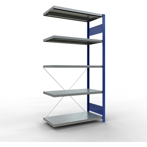 Grijs rek met vijf planken. De steunpilaren zijn blauw, de verbindingsstangen zilver.