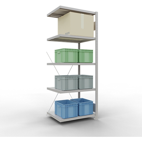 Schulte Lagertechnik MultiPlus250 rekkensysteem zonder schroeven, aanbouwrek, 5 legborden, dwarsverbindingen, B 750 x D 600 x H 2000 mm, lichtgrijs RAL 7035