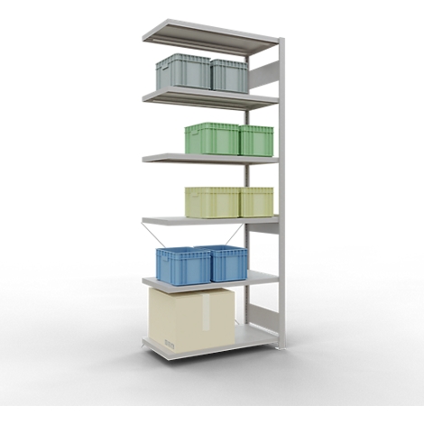 Een grijs opslagrek met meerdere niveaus, gevuld met groene, blauwe en gele dozen en een kartonnen doos.
