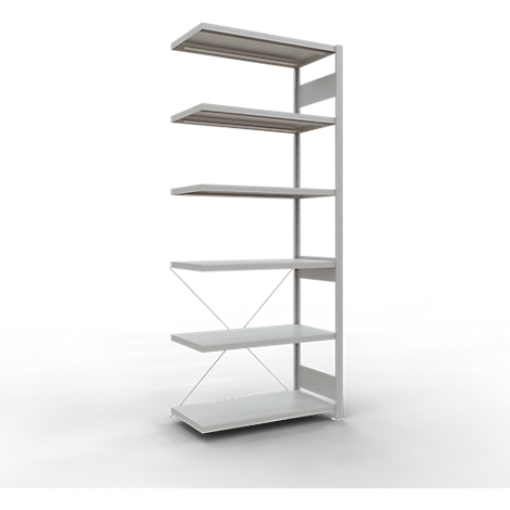 Lichtgrijs rek met zes horizontale planken op een witte achtergrond.