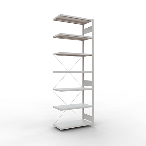 Witte plank met zes niveaus en diagonale stutten.