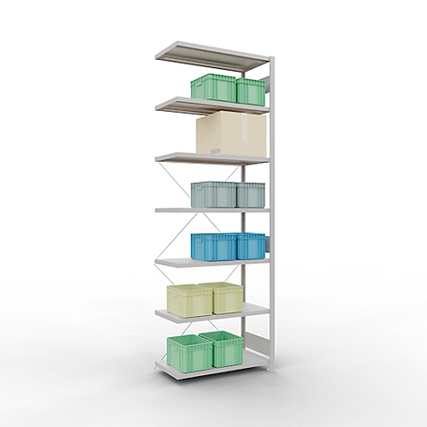 Een open opslagrek met verschillend gekleurde dozen en een kartonnen doos. De planken zijn wit, de dozen groen, blauw en geel.