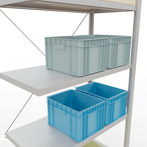 Verschillende blauwe en lichtblauwe plastic dozen staan op een metalen plank. De dozen zijn leeg en hebben een geribbelde oppervlakte.