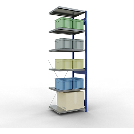 Schulte Lagertechnik MultiPlus250 rekkensysteem zonder schroeven, aanbouwrek, 6 legborden, dwarsverbindingen, B 750 x D 600 x H 2500 mm, gentiaanblauw RAL 5010