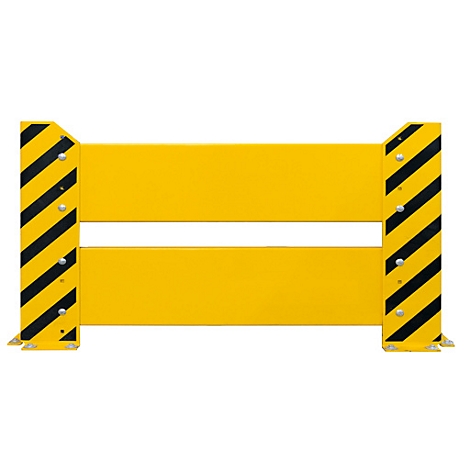 Barrière jaune avec des rayures diagonales noires sur les côtés. Deux poutres horizontales, fixées par des vis.