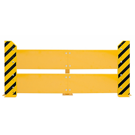 Barrière jaune avec des rayures diagonales noires et jaunes sur les colonnes. Elle comporte deux éléments horizontaux.