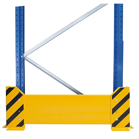 Protection contre les chocs jaune et noir pour une étagère d'entrepôt, composée d'entretoises en acier et d'une plaque jaune horizontale.