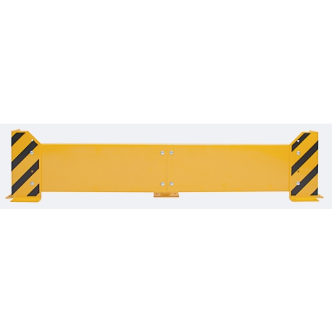 Barrière de sécurité jaune avec des rayures diagonales noires aux extrémités. Sur fond gris clair.