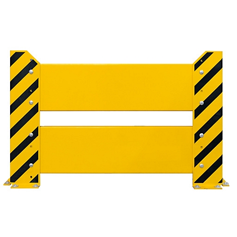 Barrière jaune avec des rayures diagonales noires sur les côtés. Deux barres horizontales jaunes reliées aux poteaux marqués.