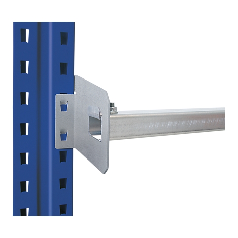 Close-up of a blue shelf support with a silver angle bracket holding a shelf beam.