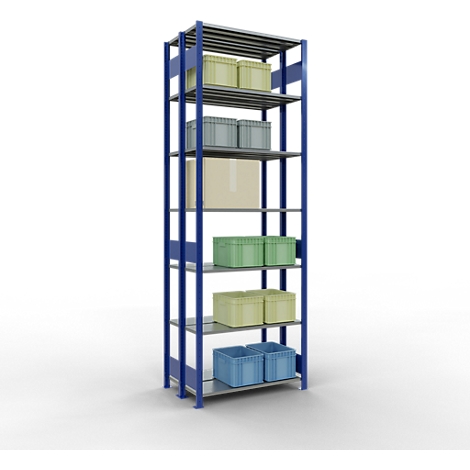 Étagère bleue avec diverses boîtes vertes, bleues et beiges.