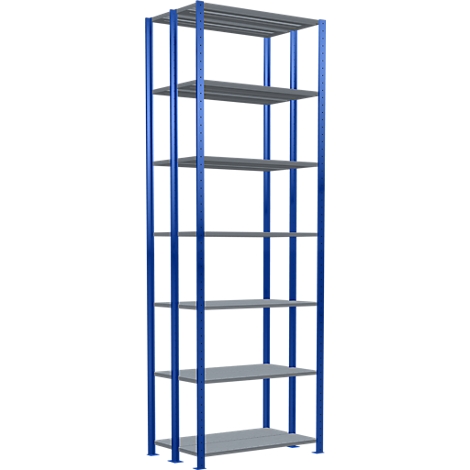 Étagère avec sept étagères grises et des cadres bleus sur fond blanc.