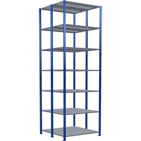 Étagère de rangement bleue et grise à plusieurs niveaux. Étagères grises à l'intérieur d'un cadre métallique bleu.