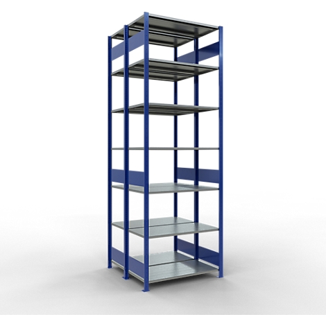 Une étagère avec des supports d'angle bleus et des étagères grises se dresse sur un fond blanc.