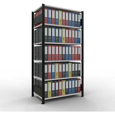 Schulte Lagertechnik Rayonnage de bureau emboîtable MultiPlus150, rayonnage de base, 6 tablettes, sans butée centrale, L 1000 x P 600 x H 2000 mm, noir/gris clair