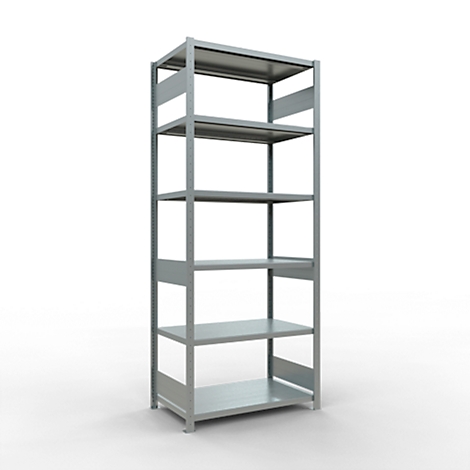 Étagère en métal gris à cinq niveaux sur fond blanc.