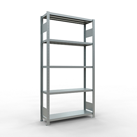 Une étagère en métal gris avec cinq niveaux sur fond blanc.