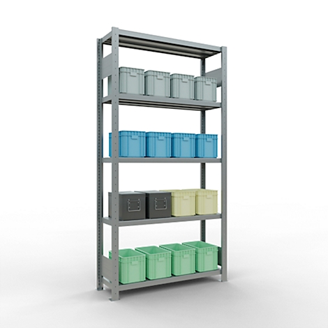 Une étagère en métal gris remplie de boîtes bleues, vertes, bleu clair et jaunes sur fond blanc.