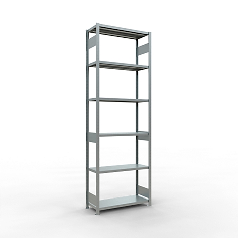 Étagère en métal gris avec cinq étagères, sur fond blanc.