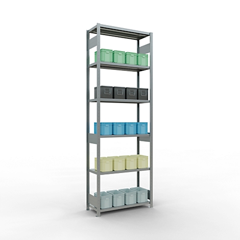 Une étagère grise à six niveaux remplie de conteneurs de différentes couleurs sur fond blanc.