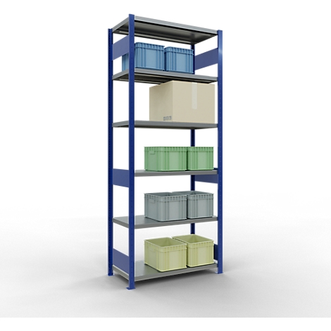 Une étagère robuste bleu et gris à six niveaux, remplie de boîtes et de cartons.