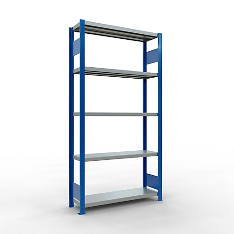 Une étagère métallique bleue et grise, autoportante, avec quatre étagères, sur fond blanc.