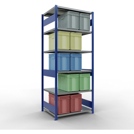 Une étagère à cinq niveaux remplie de boîtes de couleurs variées.