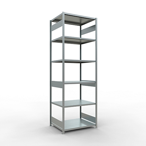 Étagère en métal gris avec cinq étagères, sur fond blanc.