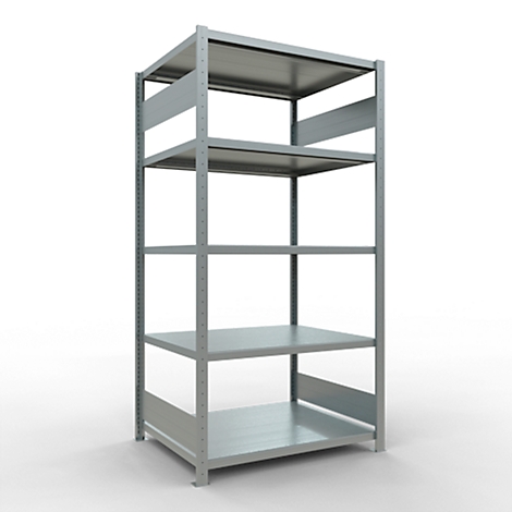 Étagère métallique grise avec cinq étagères sur fond blanc.