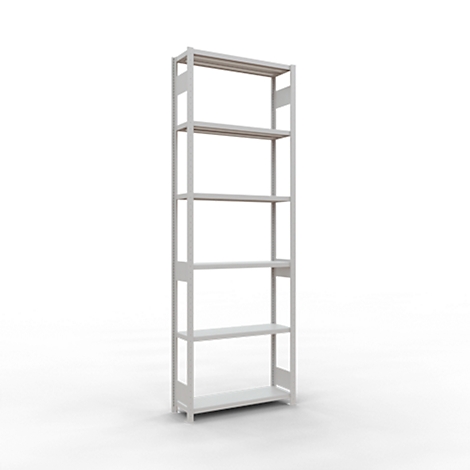 Étagère haute blanche avec 5 étagères. La construction est simple et moderne.