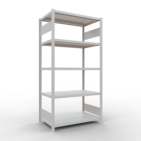 Étagère métallique gris clair à cinq niveaux sur fond blanc.