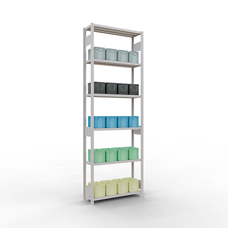 Étagère avec des boîtes colorées sur fond blanc. Haut bleu clair, puis boîtes noires, bleues, vertes et jaunes.