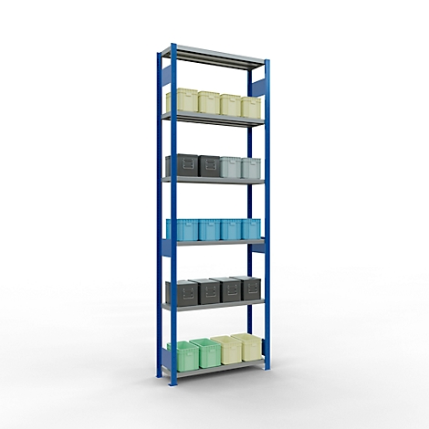 Une étagère de rangement bleue avec du métal gris, chargée de boîtes colorées. Jaune, gris, bleu, vert.