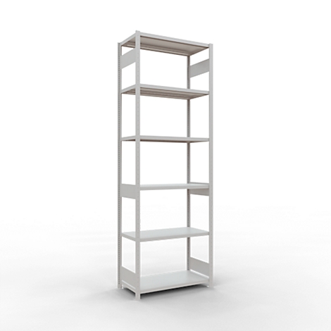 Une étagère blanche à six niveaux se tenant devant un fond blanc.