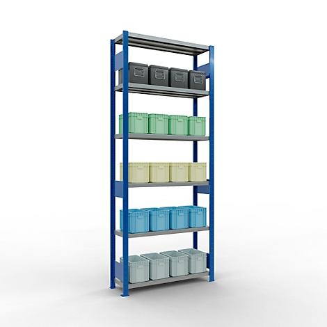 Une étagère bleue et grise avec six niveaux, remplie de boîtes de différentes couleurs.