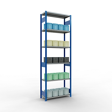 Étagère bleue haute avec cinq étagères grises, garnies de boîtes de différentes couleurs.